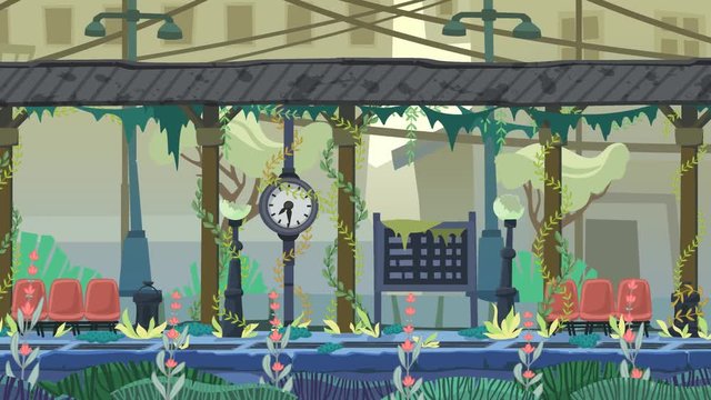 Seamless apocalyptic abandoned train station, cartoon style footage for game scenes