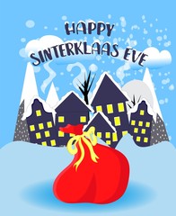 St. Nicolas day. Bag with surprises on a blue background. December. Day of sweets and gifts.