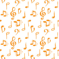 Vector illustrated orange ink music notes and keys pattern