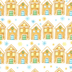 Fototapeta na wymiar Seamless winter pattern. Christmas watercolor background. Hand drawn gingerbread houses and snowflakes. Cartoon character, isolated ojects on white background