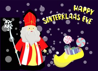 Cartoon style greeting card with Saint Nicholas Sinterklaas with mitre and pastoral staff and with traditional dutch shoe filled with carrots and candies. With hand drawn text.