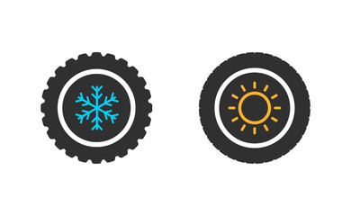 Car wheels with winter and summer tires. Winter tires with snowflake and summer symbols