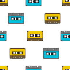 Seamless pattern with audio cassettes isolated on white background. Vector illustration