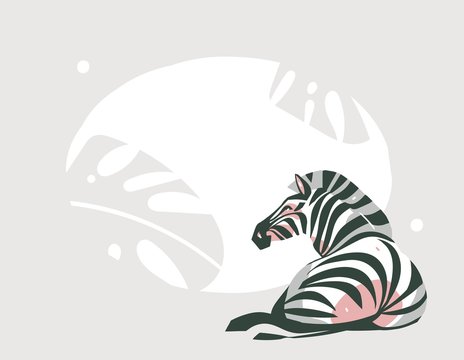 Hand drawn vector abstract cartoon modern graphic African Safari collage illustrations art banner with safari animals isolated on pastel color background