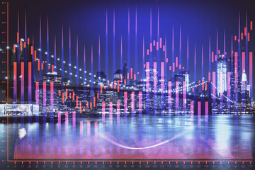 Financial chart on city scape with tall buildings background multi exposure. Analysis concept.