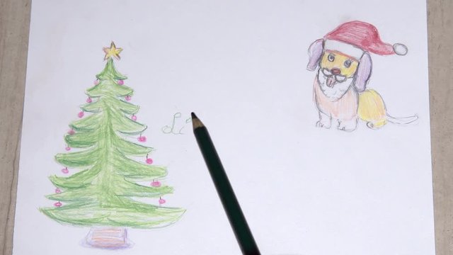 Video writing Lieber Weihnachtsmann ich wunsche mir (German Dear Santa I wish). Child like art of letter to Santa Claus. Hand painted dog, Christmas tree. Time lapse 4K video footage.