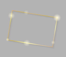 Gold shiny glowing vintage frame with shadows isolated on grey background. Golden luxury realistic rectangle border. Vector