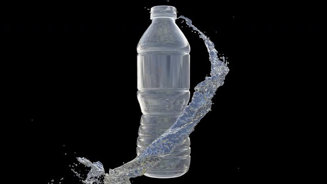 Slow motion Animation of Nature water bottle splash, Liquid swirling and splashing, Motion graphics, 3D CGI Compositing process, 4k Ultra HD 3840x2160, RGB with Alpha and Green scree.