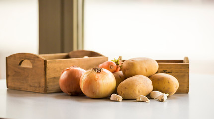onion potatoes and carrots close up root vegetable