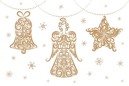 Christmas decorations from ornament elements: angel, bell, star. Lace. Isolated objects on a white background. Golden images for your decor and design. New Year. Celebration. Snowflakes. Vector.