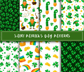 Saint Patrick day seamless pattern set - shamrock, leprechaun, bowler hat, cute dwarf, golden coins treasure, magic rainbow - traditional holiday vector background for wrapping, textile, digital paper