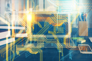 Multi exposure of table with computer and world map hologram. International data network concept.