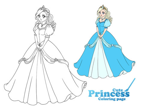 Pretty anime princess standing and wearing beautiful ball dress. Hand drawn vector illustration for coloring book, game, paper doll, poster, shirt, card design.
