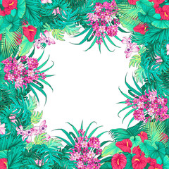 greeting card with place for text, invitation. Tropical plants, banana palm on an isolated white background,  hand drawing, botanical painting