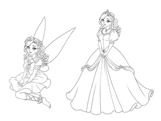 Illustration of fairy and princess with wavy hair. Hand drawn contour illustration.