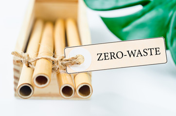 Bamboo drinking straws and green leaves with Zero - waste.