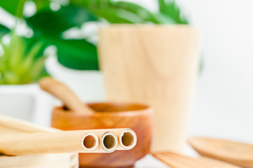 Bamboo straw tube for drink water and wooden utensil with green leaves.