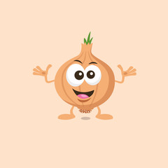 Obraz premium Illustration of cute decisive onion mascot recommends with big smile isolated on light background. Flat design style for your mascot branding.