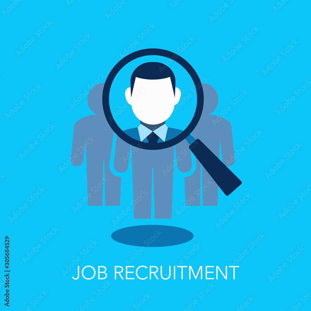 Poster job recruitment flat symbol with a magnifier looking for new employee or key person. easy to use for