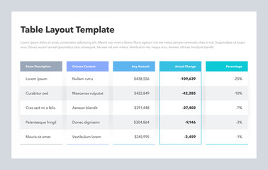 Modern business table layout template. Flat design, easy to use for your website or presentation.