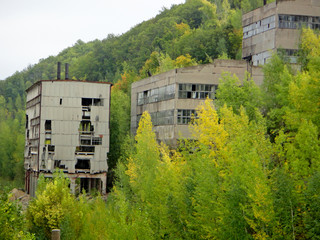 destroyed buildings of an industrial enterprise on a mountain overgrown with greenery