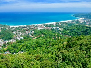 Fototapeta na wymiar Drone panorama Aerial Views of Big Buddha Phuket Thailand kata and karon beach in background turquoise waters 
