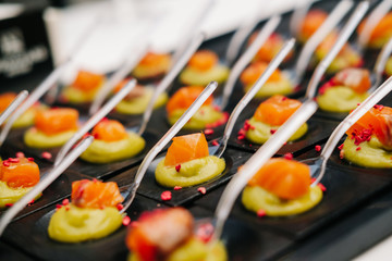 Detail of a canapes of a meal at an event, wedding, meeting or congress with food