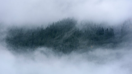 Fototapeta na wymiar Low cloud layers covering alpine mountain forest in South Tyrol, Italy.