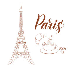 Fototapeta na wymiar Eiffel tower and coffee with croissant sketchy style isolated on white background for cards or banner with copyspace for text. Vector illustrations