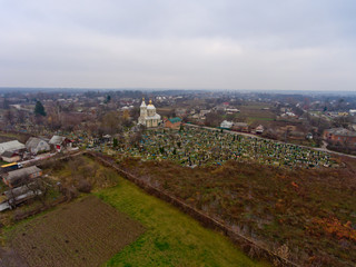 Aerial view of Church in the cemetery.
