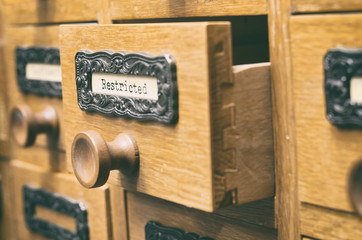Old wooden archive files catalog drawer,  files