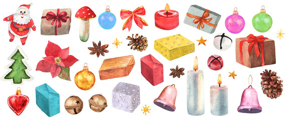 Gift boxes, christmas toys on white. Watercolor Santa, bell, mushroom, stars, red bow, heart, balls, candles, on white background. Winter holiday illustration