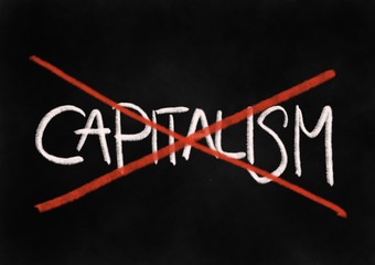 Capitalism is crossed out - end and destruction of economic and financial system and establishment. Handwritting illustration made in punk graphic style.