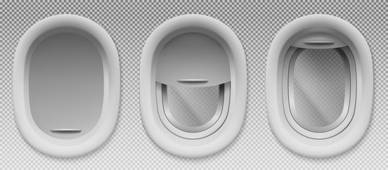 Aircraft windows. Set of three realistic airplane portholes with open and closed shade. Vector template of plane interior illuminators isolated on transparent background