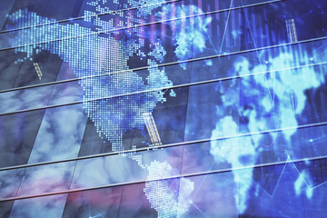 Forex chart on cityscape with tall buildings background multi exposure. Financial research concept.