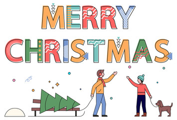 Merry Christmas vector, friends greeting outdoors. Neighbors greeting to each other at street. Male with pine tree and character walking dog on leash. Winter holidays preparation flat style design