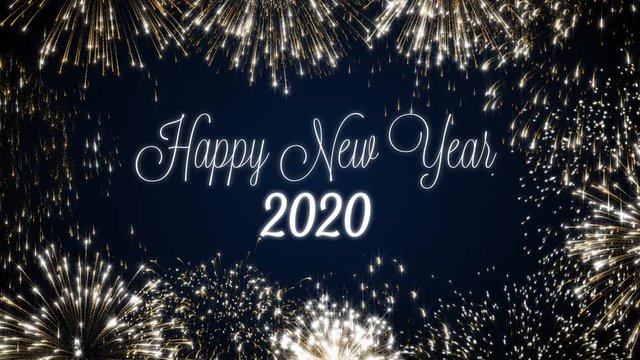 Looping happy new year 2020 social post card with gold animated fireworks on elegant black and blue background.Loop Celebration english language concept. Loopable animation for festive holiday event