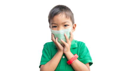 Asian child boy wearing a protection mask against PM 2.5 air pollution. On a white background. Environmental and healthy concept.