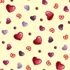 bright hearts seamless pattern on  light yellow background. HAPPY VALENTINE'S DAY