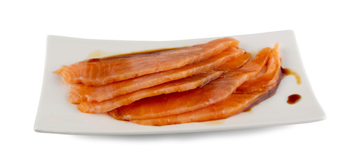 Thin Slices of Raw Salmon Fillet Isolated on White Background