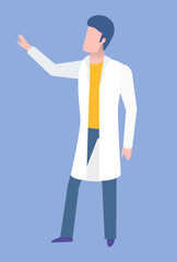 Doctor character in medical gown standing and discussing. Element of hospital or laboratory, person showing or discussing, healthcare symbol, clinic vector