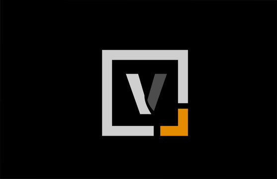 black white orange square letter V alphabet logo design icon for company