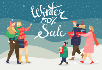 Winter sale 50 percent reduction on shopping. Promotional poster with families on Christmas. Mother and father with kid carrying presents and greeting with holidays. Calligraphic inscription vector