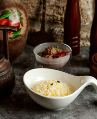 azerbaijani pilaf rice in bowl served with meatballs