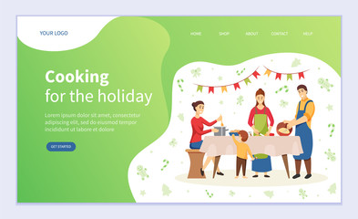 Obraz na płótnie Canvas Cooking for holiday vector, christmas preparation of family. Mother and father with kids making dishes, New Year celebration. People at kitchen. Website or webpage template, landing page flat style