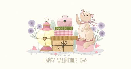Valentine's day card. Romantic cat with festive elements. Hand lettering. Vector illustration. Template for Invitation, greetings, congratulations, posters
