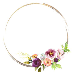Wedding frame wreath bridal romanric rustic warm bouquet. Hand drawing watercolor pink and purple and orange flowers ornament
