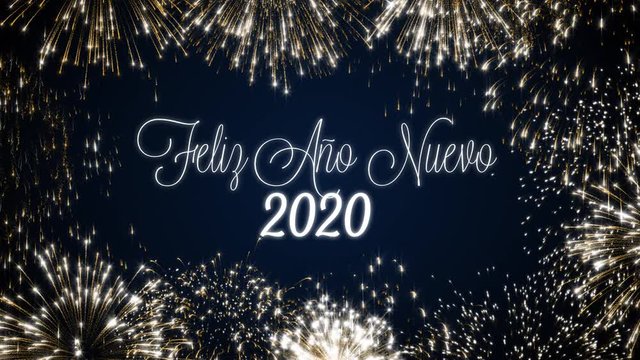 Looping happy new year 2020 social post card with gold animated fireworks on elegant black and blue background.Loop Celebration spanish language concept. Loopable animation for festive holiday event