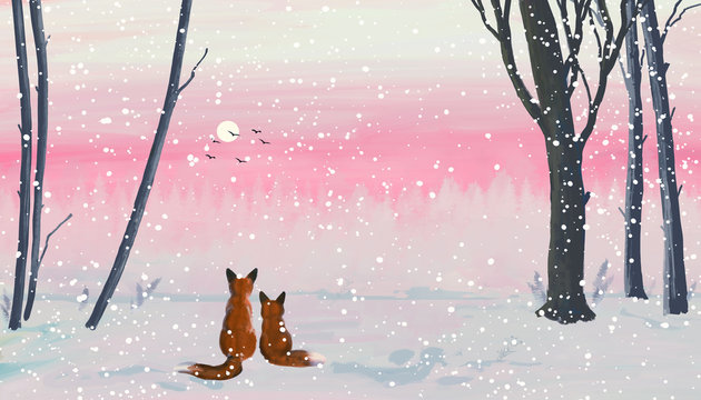 Winter forest landscape with foxes. 