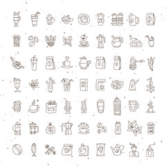 Fototapeta na wymiar Vector set of coffee icons on white background. Hand drawn coffee icon, vector doodle collection. Morning coffee, logo with cafe, beans, leaves, coffee pots, cups and other accessories